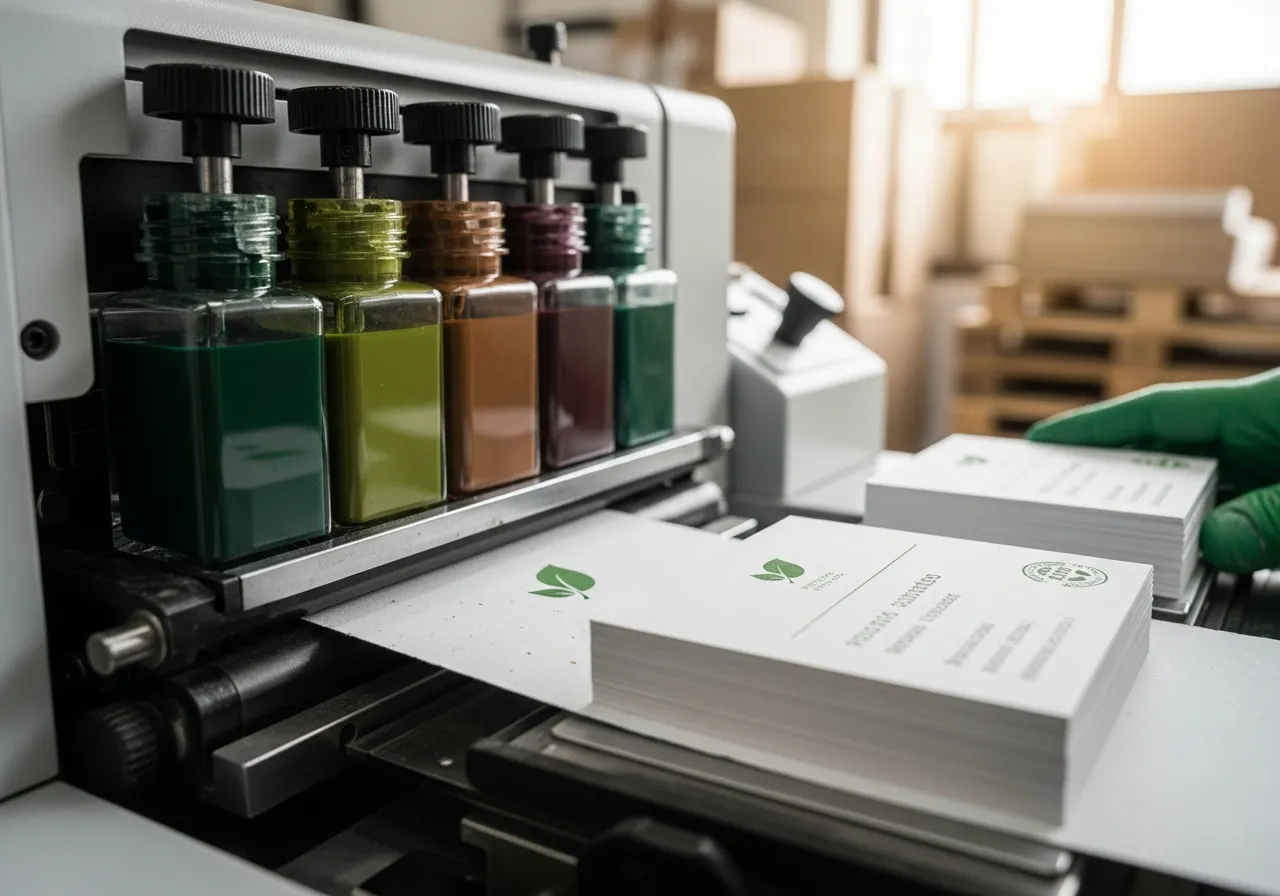 Eco-friendly printing process showing sustainable business card production
